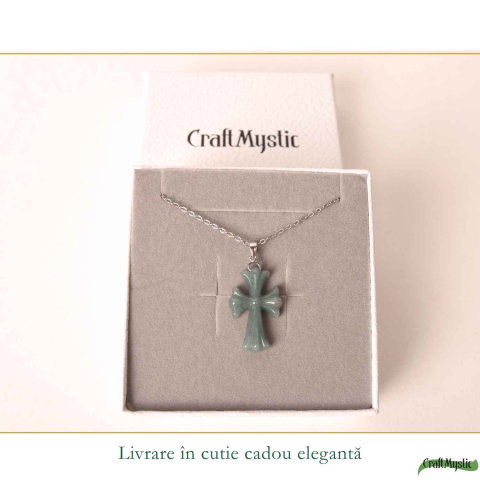Colier cu Jadeit Natural forma de Cruce si Lant Argint 925 – Armonie, Prosperitate si Eleganta [5]