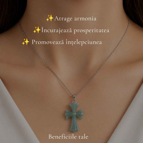 Colier cu Jadeit Natural forma de Cruce si Lant Argint 925 – Armonie, Prosperitate si Eleganta [2]
