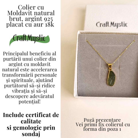 Colier Argint 925 placat cu Aur 18k cu Moldavit natural 3.28 gr 16x13 mm – transformare, protectie, energie cosmica [4]