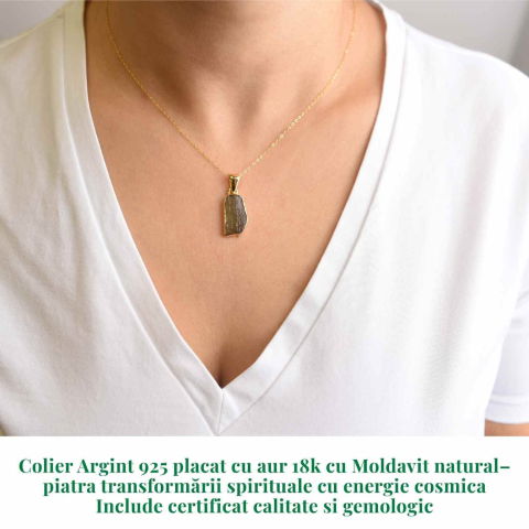Colier Argint 925 placat cu aur 18k cu Moldavit natural brut 2.31 g – talisman de transformare [1]