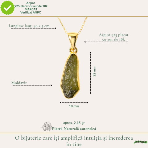 Colier Elegant cu Moldavit Brut si Argint placat cu Aur 18K – Claritate si Intuiție [3]