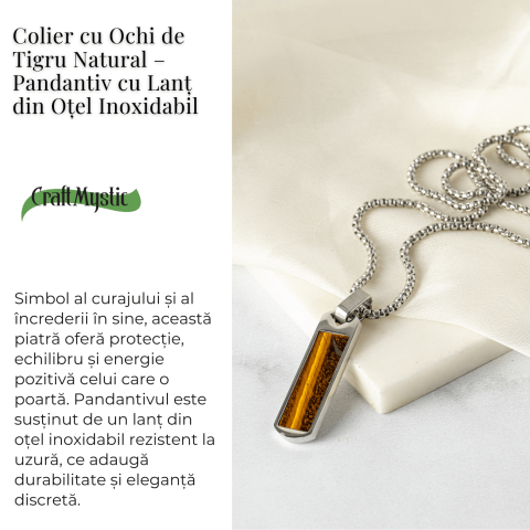 Colier Otel Inoxidabil cu Ochi de Tigru Natural – Pandantiv Dreptunghiular al Curajului [2]