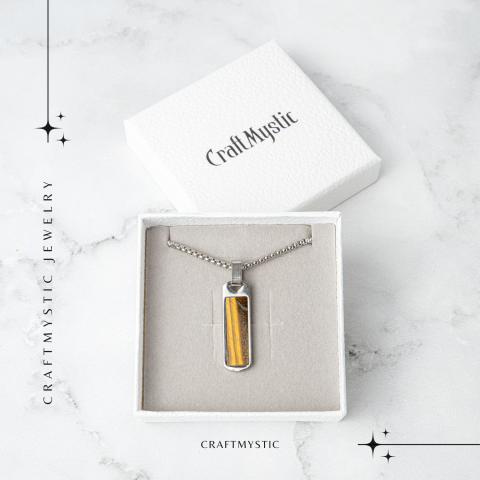 Colier Otel Inoxidabil cu Ochi de Tigru Natural – Pandantiv Dreptunghiular al Curajului [6]