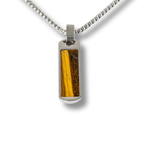 Incredere si Curaj - Colier Otel Inoxidabil cu Ochi de Tigru Natural – Pandantiv Dreptunghiular al Curajului