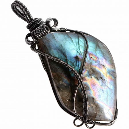 Pesti - Colier cu pandantiv din labradorit natural pentru barbati si femei - Cristal neregulat lucrat manual, invelit cu sarma model neregulat - O piatra semipretioasa pentru meditatie, intuitie, imagin