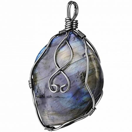 Colier cu pandantiv din labradorit natural pentru barbati si femei - Cristal neregulat lucrat manual, invelit cu sarma in model neregulat - O piatra semipretioasa pentru meditatie, intuitie si imaginatie [3]