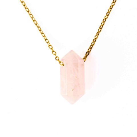 Rac - Colier din Cuart Roz Natural cu Pandantiv Fatetat Hexagonal