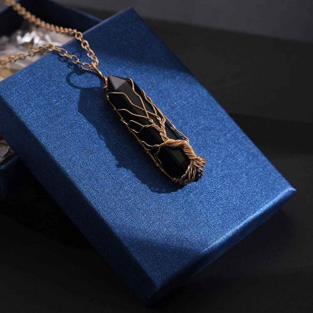 Colier cu pandantiv hexagonal  din agat negru - Piatra semipretioasa realizata manual, infasurata intr-o sarma de cupru, sub forma unui copac al vietii [2]