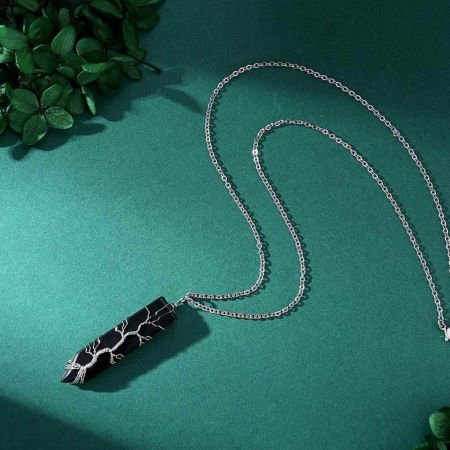 Colier cu pandantiv hexagonal din cristal obsidian - Realizat manual, infasurat intr-o sarma de cupru argintie, dandu-i o forma perfecta [5]