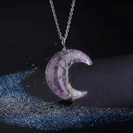 Colier cu pandantiv model semiluna si arborele vietii cu cristal ametist si rasina naturala [4]