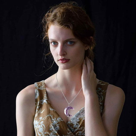 Colier cu pandantiv model semiluna si arborele vietii cu cristal ametist si rasina naturala [2]