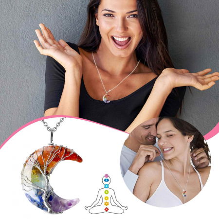 Colier cu pandantiv model semiluna si arborele vietii - Realizat din piatra de cristal polisat cu 7 chakre si rasina naturala [4]