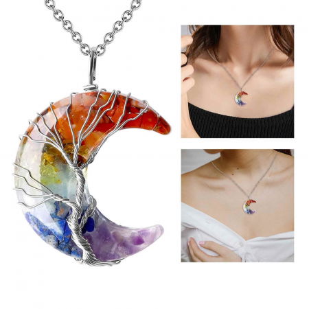 Colier cu pandantiv model semiluna si arborele vietii - Realizat din piatra de cristal polisat cu 7 chakre si rasina naturala [3]