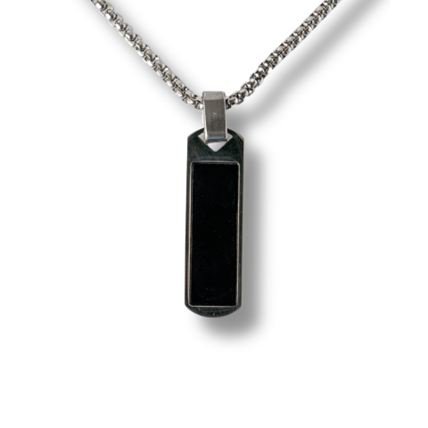 Incredere si Curaj - Colier din Otel Inoxidabil cu Obsidian Natural – Pandantiv Dreptunghiular Protectie si Transformare