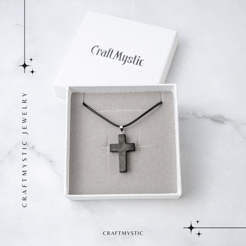 Colier cu Pandantiv Cruce din Shungit Natural – Protectie Energetica si Liniste Interioara [6]