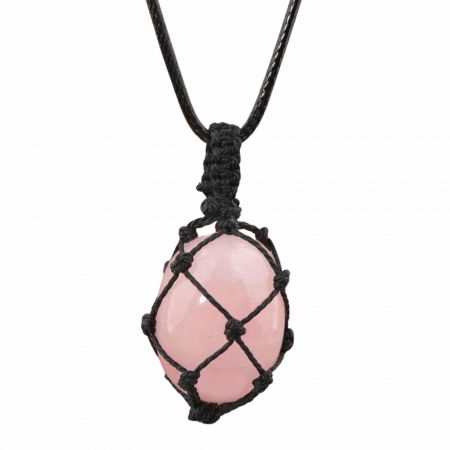 Colier cu Pandantiv din Piatra Cuart Roz si Sfoara Impletita, Bijuterie pentru Meditatie si Yoga, Cadou Special pentru Femei
