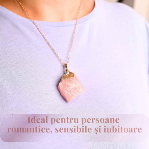 Colier auriu ajustabil cu pandantiv din Cuart Roz brut – Vindecare și Iubire dimensiune 35-50 mm [1]