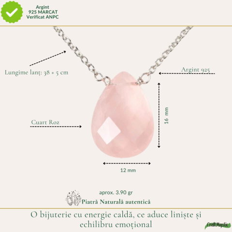 Colier argint 925 cuart roz lacrima – iubire, feminitate si echilibru emotional [3]