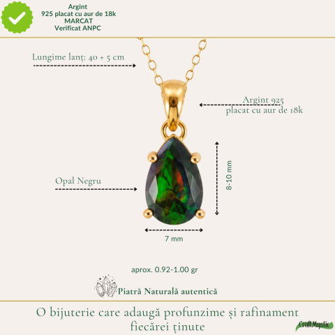 Colier Argint 925 Placat cu Aur 18K cu Opal Negru Lacrima – Eleganta si Intuitie [3]