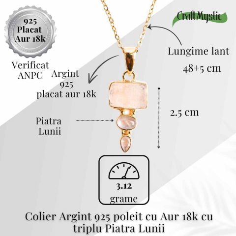 Intuitie si Echilibru Emotional – Colier inox si pandantiv argint 925 placat cu aur de18k si Triplu Piatra Lunii [4]