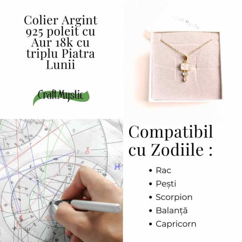 Intuitie si Echilibru Emotional – Colier inox si pandantiv argint 925 placat cu aur de18k si Triplu Piatra Lunii [3]