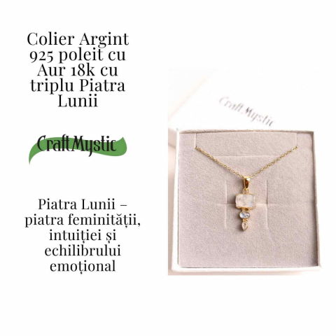 Intuitie si Echilibru Emotional – Colier inox si pandantiv argint 925 placat cu aur de18k si Triplu Piatra Lunii [2]