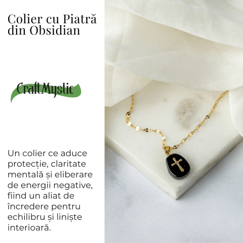Colier Otel Inoxidabil Auriu cu Obsidian si Cruce – Protectie si Claritate Interioara [2]