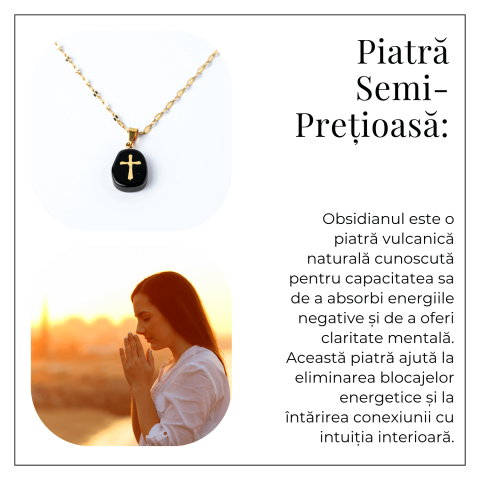 Colier Otel Inoxidabil Auriu cu Obsidian si Cruce – Protectie si Claritate Interioara [5]