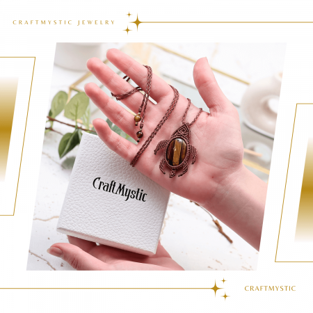 Colier Ajustabil Handmade cu Cristal de Ochi de Tigru in Broscuta Impletita – Lungime Maxima 45 cm [3]