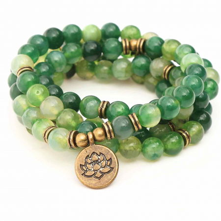Bratara si Colier Mala din Agat Verde cu 108 Margele de 8mm Ajustabila si Elastica, cu Simbolul Lotus si Viata pentru Yoga [3]