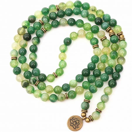 Coliere - Bratara si Colier Mala din Agat Verde cu 108 Margele de 8mm Ajustabila si Elastica, cu Simbolul Lotus si Viata pentru Yoga