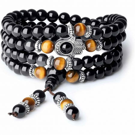 Incredere si Curaj - Bratara-Colier 108 Mala din Obsidian si Ochi de Tigru cu Mana Fatimei sau Hamsa