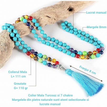 Colier Mala cu Turcoaz si 7 Chakre Colier Autentic din Jad, Piatra Sacralizata pentru Echilibru si Liniste [2]