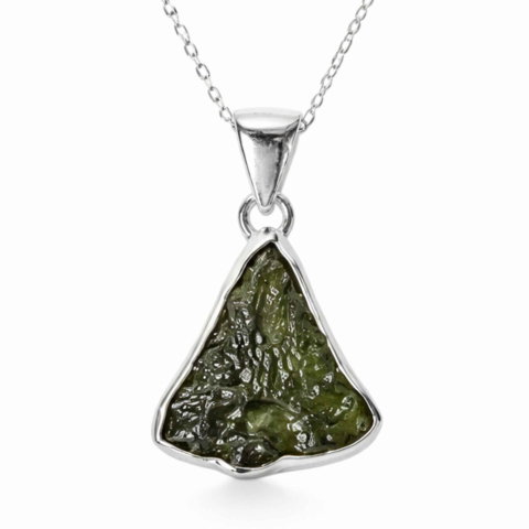 Bijuterii Semiprețioase - Colier Moldavit Brut Triunghi Argint 925 – Energie si Claritate Interioara