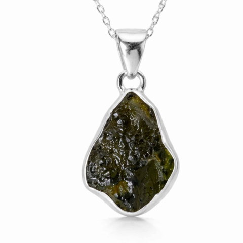 Bijuterii Semiprețioase - Colier Moldavit Brut Neuniform Argint 925 – Energie Intensa si Transformare