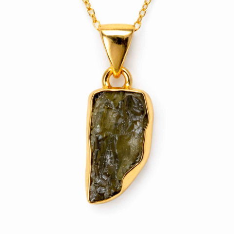 Bijuterii Semiprețioase - Colier Moldavit Brut Neuniform Argint 925 Placat Aur – Energie si Transformare Interioara