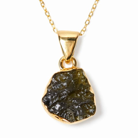 Bijuterii Semiprețioase - Colier cu Moldavit si argint placat cu Aur de 18K – Bijuterie Spirituala si Unica