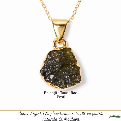 Colier cu Moldavit si argint placat cu Aur de 18K – Bijuterie Spirituala si Unica [4]