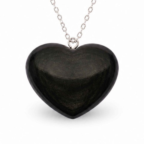 Cristale pentru zodii - Colier cu Obsidian Auriu in Forma de Inima si lant argint 925– Protectie si Putere Interioara