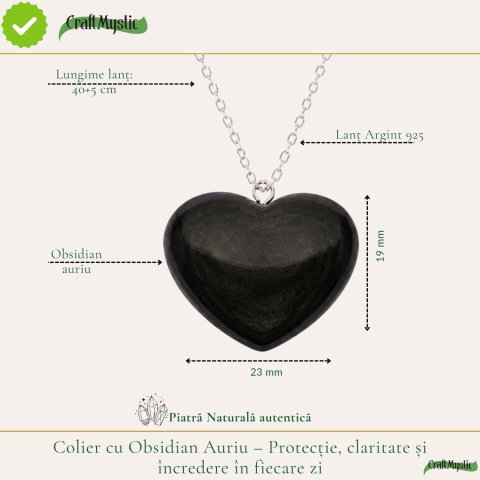 Colier cu Obsidian Auriu in Forma de Inima si lant argint 925– Protectie si Putere Interioara [3]