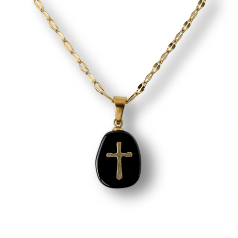 Obsidian - Colier Otel Inoxidabil Auriu cu Obsidian si Cruce – Protectie si Claritate Interioara