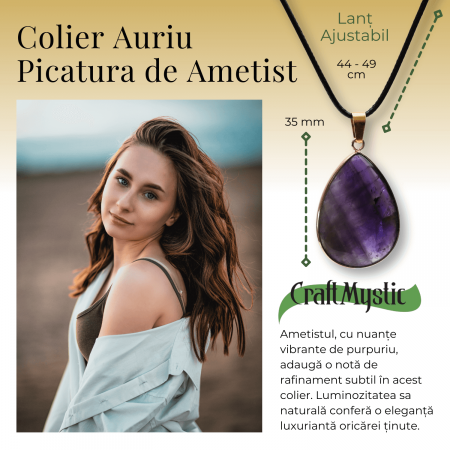 Colier Reglabil cu Pandantiv Auriu 35mm in Forma de Strop de Ploaie din Ametist [1]