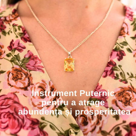 Colier Reglabil cu Pandantiv Argintiu 15mm in Forma Dreptunghiulara cu Citrin Natural Fatetat Qadri- Energie si Prosperitate [1]