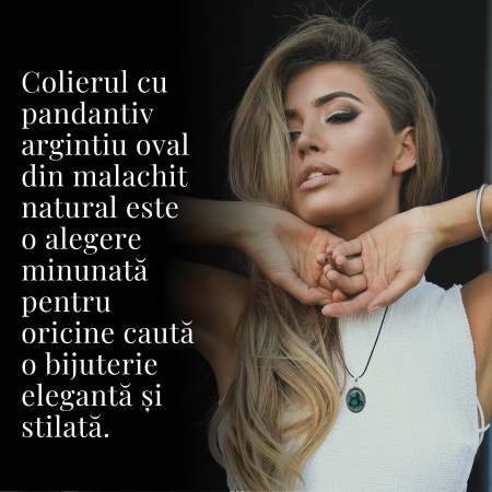 Colier Reglabil cu Pandantiv Argintiu 35mm in Forma Ovala din Malachit Natural [6]