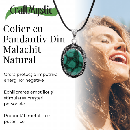 Colier Reglabil cu Pandantiv Argintiu 35mm in Forma Ovala din Malachit Natural [3]