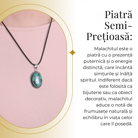 Colier Reglabil cu Pandantiv Argintiu 35mm in Forma Ovala din Malachit Natural [1]