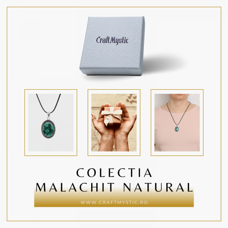 Colier Reglabil cu Pandantiv Argintiu 35mm in Forma Ovala din Malachit Natural [4]