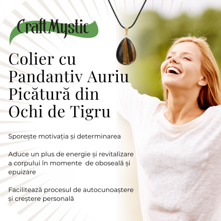 Colier Reglabil cu Pandantiv Auriu in Forma de Strop de Ploaie din Ochi de Tigru, 35mm [5]