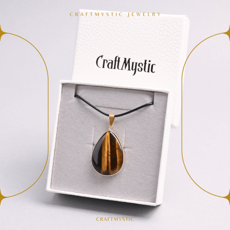 Colier Reglabil cu Pandantiv Auriu in Forma de Strop de Ploaie din Ochi de Tigru, 35mm [6]