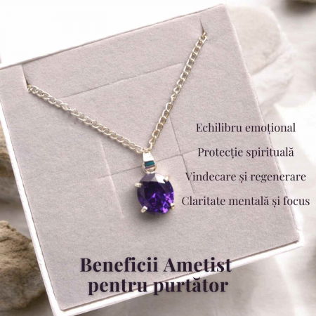 Colier reglabil cu pandativ din Ametist natural oval fatetat- Claritate și Protecție Spirituală [6]